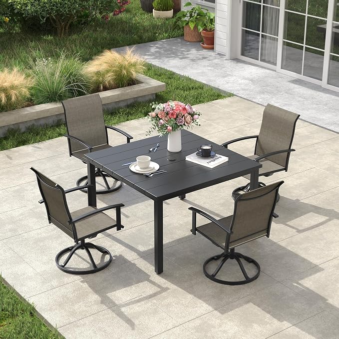 VICLLAX Square Patio Dining Table for 4, Outdoor Patio Table with Umbrella Hole for Garden Lawn Deck Backyard, Black Tabletop