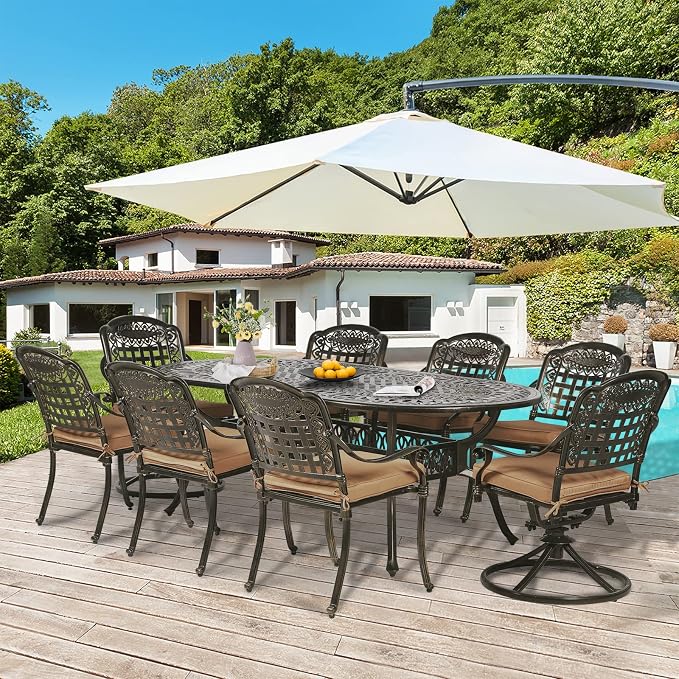 9-Piece Patio Dining Set, Outdoor Patio Table and Chair Set of 84” Oval Cast Aluminum Dining Table with Umbrella Hole, 6 Stationary, 2 Swivel Rocker Chairs, Patio Funiture Set for Backyard