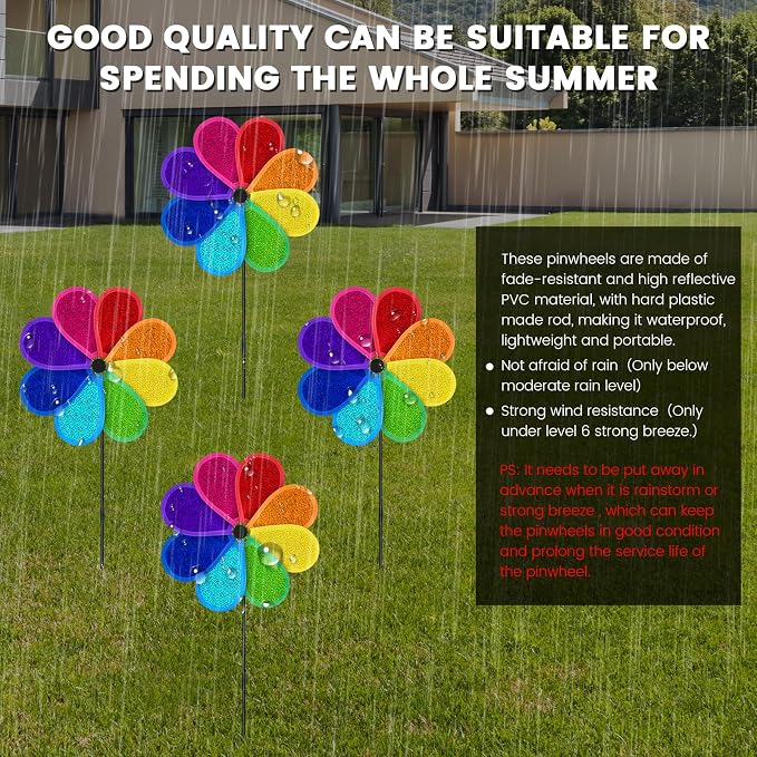 4 PCS 11.4" W x 28" H Reflective Pinwheels Sparkly Lawn Wind Spinners Colorful Rainbow Windmill for Garden Decoration Bird Devices Deterrent to Scare Birds Away(Multicolor)