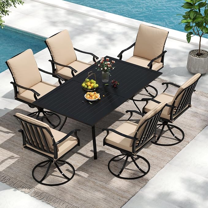 7 Piece Outdoor Patio Dining Set, 62’’ Rectangular Metal Dining Table with Umbrella Hole & 6pcs Patio Swivel Rocking Chairs, Outdoor Furniture Dining Set for Patio, Balcony, Lawn, Garden, Backyard