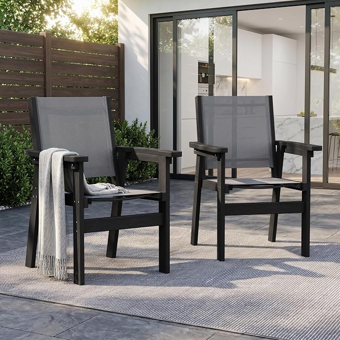 HDPE Outdoor Dining Chairs Set of 2 | Textilene Weather Resistant Patio Stackable Chairs for Garden, Backyard, Lawn and Poolside, Black