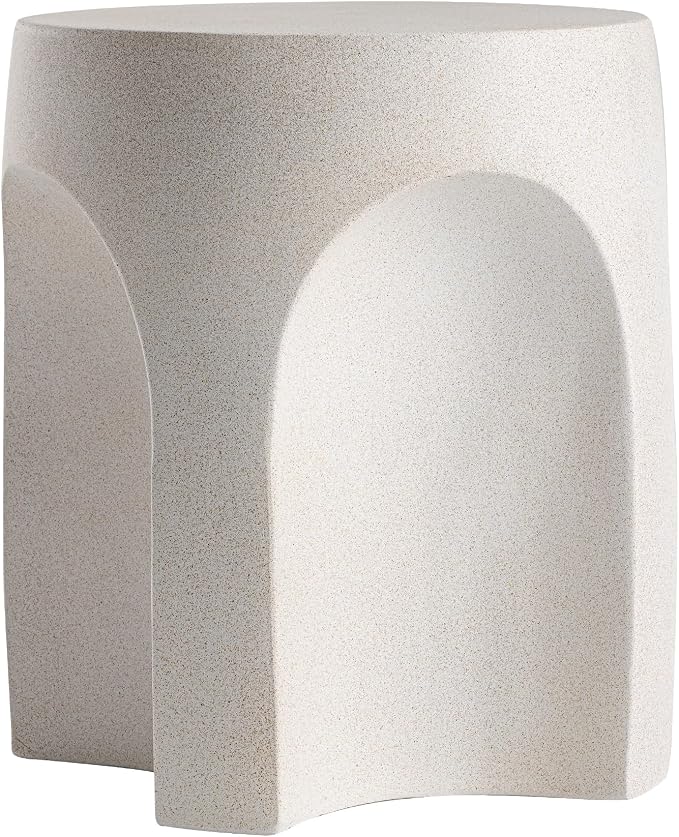 HOMPUS Outdoor Side Table w Arch Shape, Unique Patio End Table, Round MgO Coffee Lightweight Concrete Accent, Modern Vintage Garden Plant Stand for Indoor Outdoor Use, White