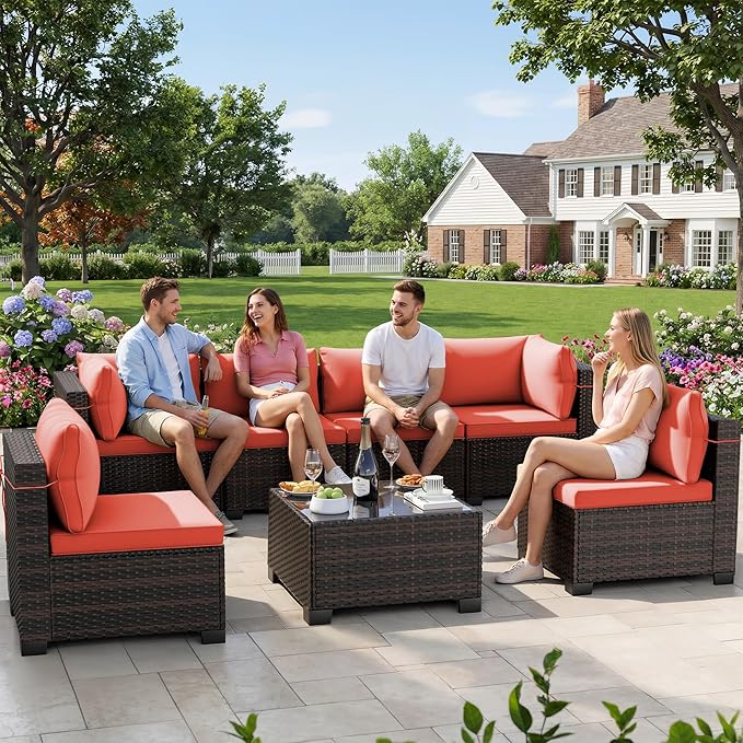 CHABATREE 7-Piece Outdoor Patio Furniture Sets, Manual Weaving Rattan Conversation Sectional Sofa with Tempered Glass Coffee Table, All-Weather PE Wicker & Thick Cushions for Garden, Backyard, Porch