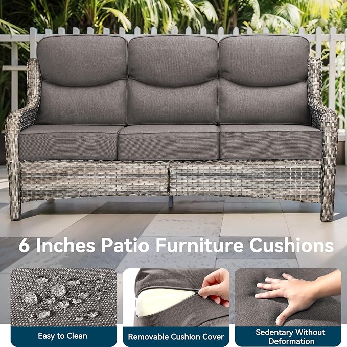 Luxury High Back Outdoor Furniture with 6-Inch Thick Cushions, Patio Furniture Set with Swivel Chairs, 7 PCS Wicker Conversation Set for Porch, Balcony, Deck and Yard
