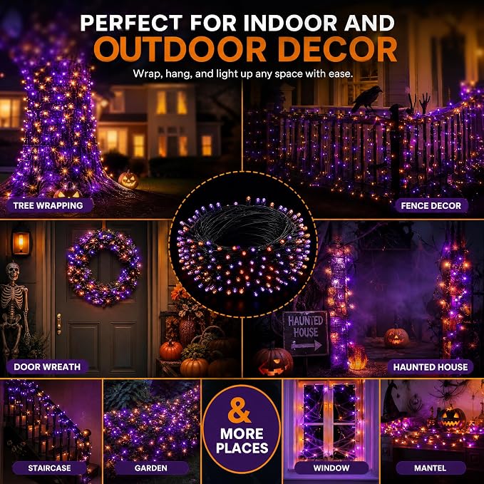 DAZZLE BRIGHT Halloween 300 LED String Lights, 100FT String Lights with 8 Lighting Modes, Halloween Decorations for Party Carnival Supplies, Outdoor Yard Garden Decor (Purple & Orange)
