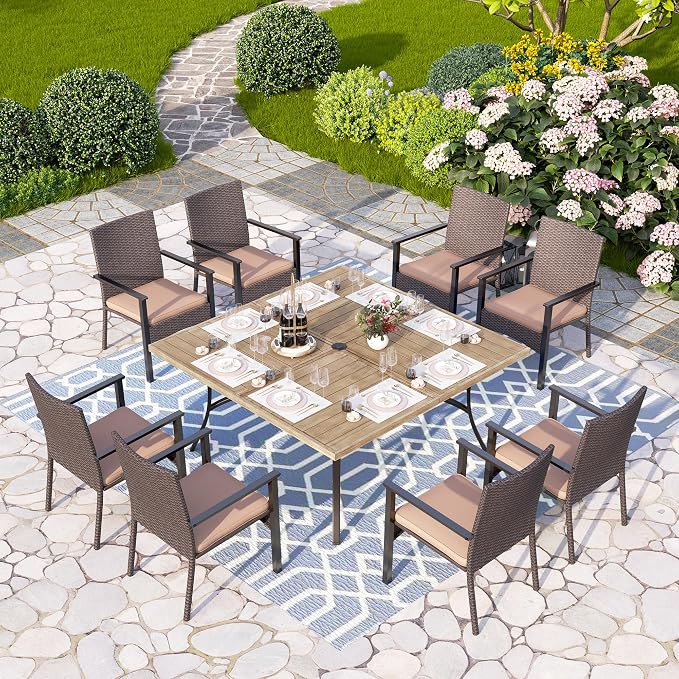 PHI VILLA 9 Pieces Patio Dining Set for 8, 57” Wood-Like Large Square Metal Steel Dining Table & Rattan Wicker Chairs with Cushions, Outdoor Dining Furniture for Deck, Yard, Porch