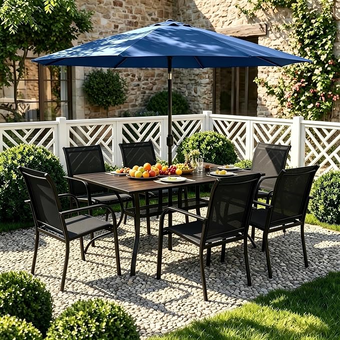 Crownland 7 Piece Patio Dining Set, Textilene Dining Sets, 6 Textilene Metal Chairs and Rectangular Outdoor Dining Table with Dark Blue 9FT Round Outdoor Umbrella (Black)