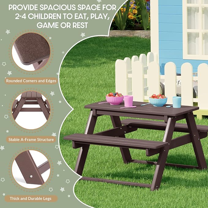 WestinTrends Malibu Outdoor Patio and Indoor Kids HDPE Plastic Picnic Bench Table, Dark Brown