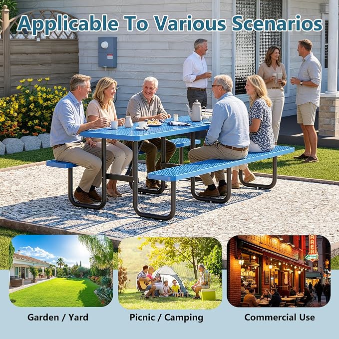 96" Heavy Duty Metal Picnic Table for 10 People, Outdoor Dining with Umbrella Hole, Galvanized Steel Rustproof Frame 882LBS Capacity, Mesh Top for Garden Patio Camping, Blue