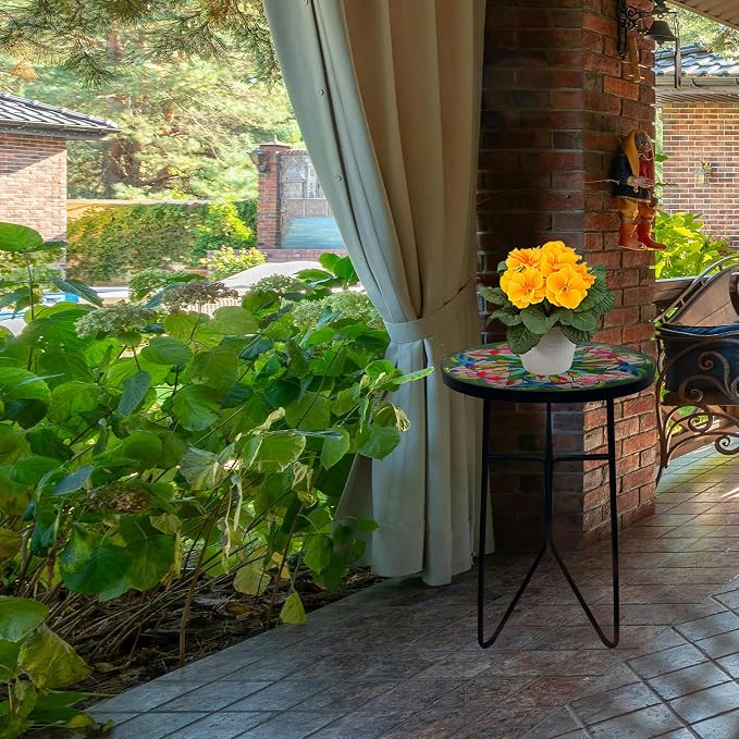 Mosaic Hummingbird Outdoor Side Tea Table, Glass Plant Tables Indoor Decorative Metal Patio Table, Valentine's Day Outdoor Tables Unique Furniture-Weather-Resistant Patio Valentine's Day Decor