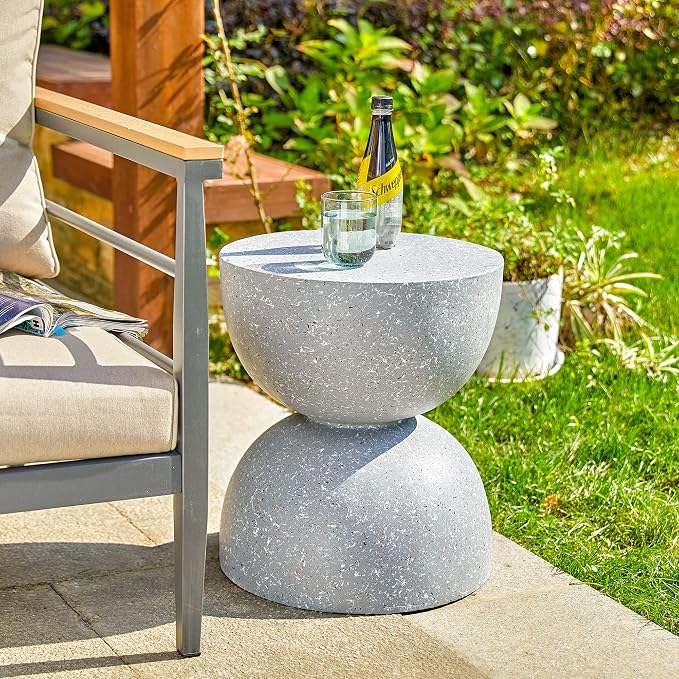 Glitzhome Outdoor Side Table, Round Accent End Table, Lightweight Hourglass Faux Terrazzo Decorative Garden Stool, 17.75" H Gray Planter Stand for Patio Porch Balcony Living Room