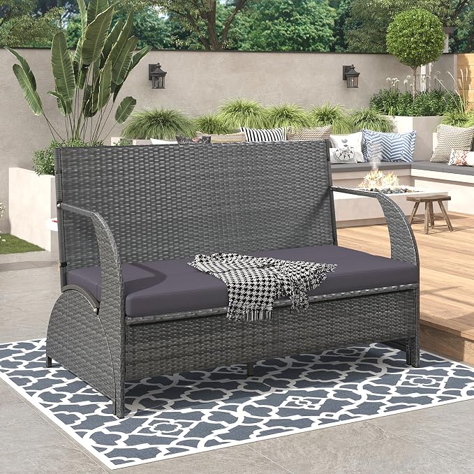 Convertible Bench Table Outdoor, 57.1" 2-in-1 Outdoor Loveseat Transforms to 4-Seat Folding Picnic Table, HDPE Wicker Iron Frame Portable Patio Furniture for Garden Backyard Lawn, Gray