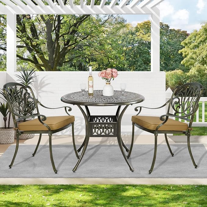 MEETWARM 3 Piece Patio Bistro Set, Outdoor All-Weather Cast Aluminum Dining Furniture Set Includes 2 Cushioned Chairs and a 35.4” Round Table with Umbrella Hole for Garden Deck