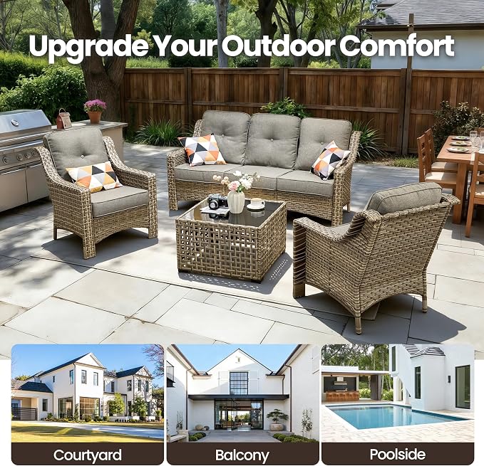 4 PCS Patio Conversation Set, All-Weather High Back Wicker Outdoor Patio Furniture Sets with Two Single Chairs, Solar Light Coffee Table,Outside Furniture for Porch Backyard Balcony,Dark Grey