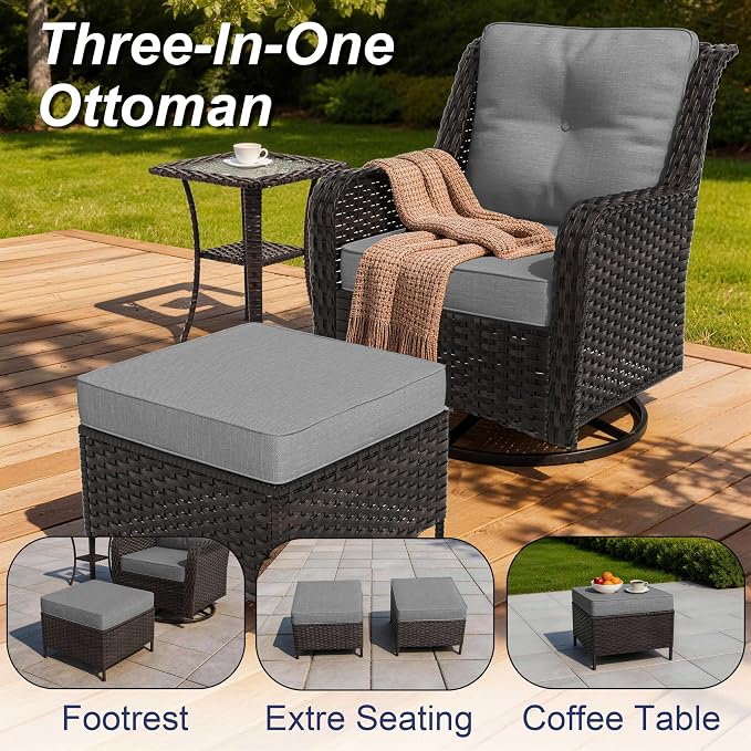 7-Piece Patio Furniture Set, Thick Wicker Outdoor Furniture Set with 2 Swivel Chairs, Outdoor Sectional Sofa Couch with Fire Pit Table, Patio Conversation Set for Backyard, Porch, Deck, Grey
