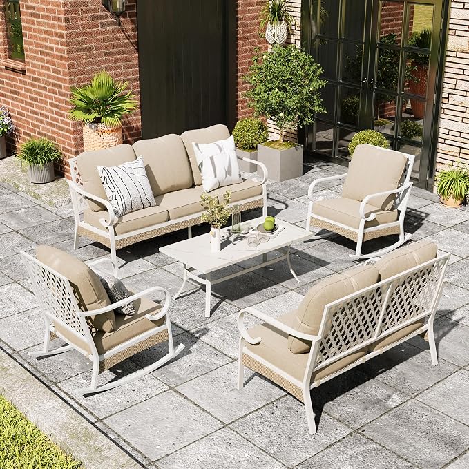 MIXPATIO 5 Piece Patio Furniture Set, 2 x Rocking Chair, 1 x 2-Seat Sofa, 1 x 3-Seat Sofa with Marbling Coffee Table, All Cushioned 7 Seats Outdoor Conversation Set, Beige