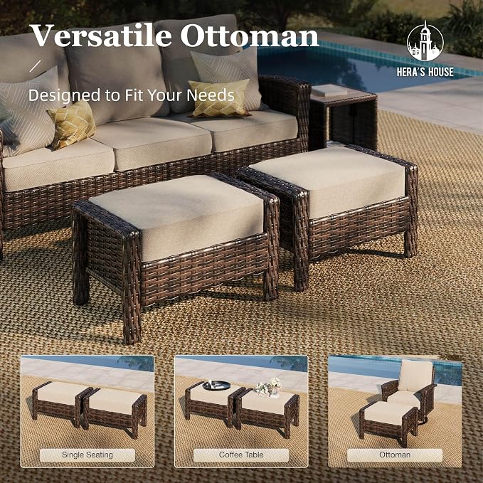 HERA'S HOUSE 8-Piece Patio Furniture Set with Outdoor Swivel Chairs & Fire Pit Table, High Back Wicker Conversation Sets with 5.5" Thick Cushions, All-Weather Deep Seating Sofa with Ottomans, Beige