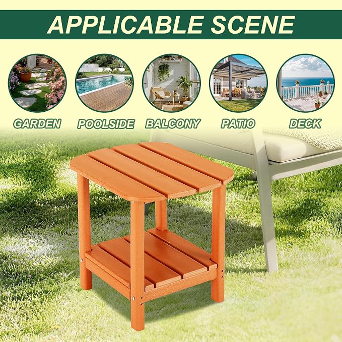 LZRS Patio End Table, Heavy Duty HDPE Outdoor Coffee Table with Wood Texture, Weatherproof Composite Table for Adirondack Chairs, Deck, Pool, Indoor/Outdoor, No Peeling Cracking(Orange)