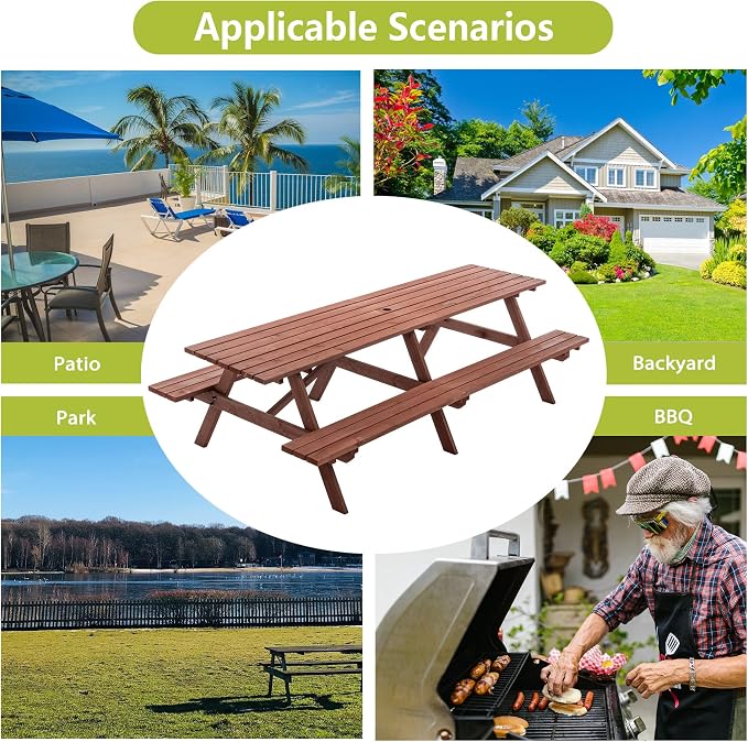94.5" Picnic Table with Bench for 12 Person Extra Large Rectangle Outdoor Wooden Outdoor Picnic Tables for Patio Garden Backyard Large Outside Dining Table Set with Umbrella Hole