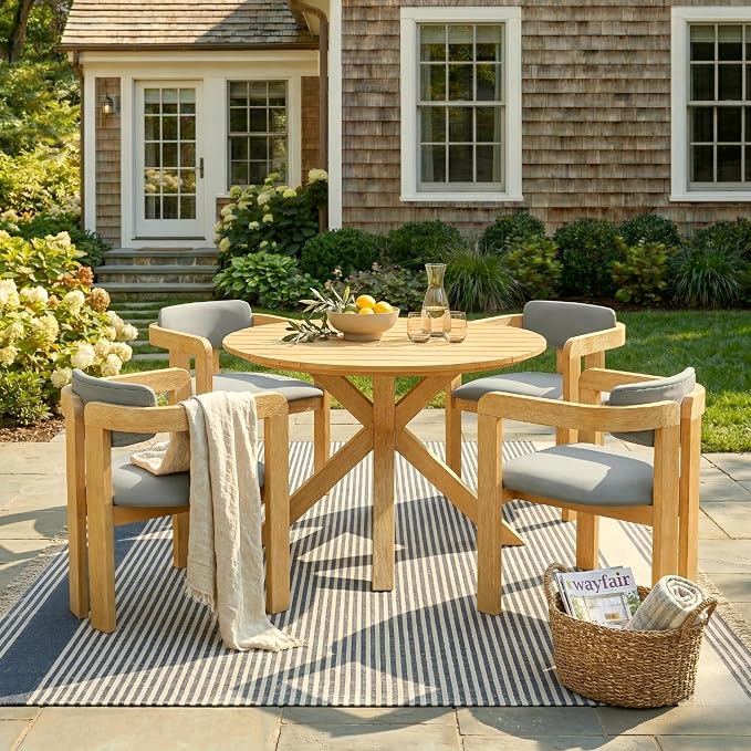 SOFTSEA 5-Piece Outdoor Patio Dining Set, Acacia Wood Round Dining Table and Chairs Set of 4 with Cushion, Patio Round Table with 4 Cushioned Barrel Chairs, Gray