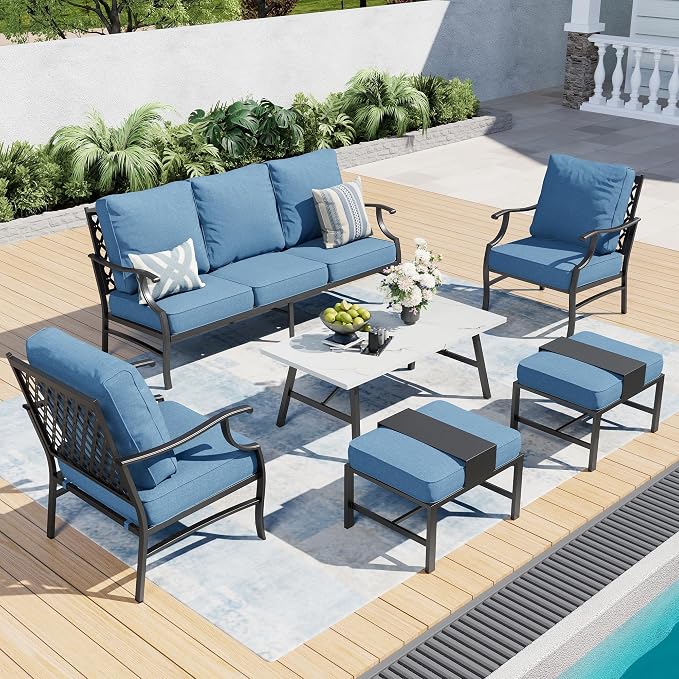 SUNSHINE VALLEY 6 Piece Metal Outdoor Patio Furniture Set, Patio Conversation Sets 1 3-seater Sofa, 2 Fixed Chairs, 2 Ottomans with 5.75" Thick Cushion and Coffee Table, Black Backyard Furniture, Navy