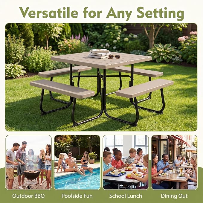 GYMAX Picnic Table Bench with Umbrella Hole, 8 Person Square Outdoor Picnic Table with Metal Frame & HDPE Tabletop, Camping Table for BBQ Yard Patio, 2300LBS Capacity (Coffee)
