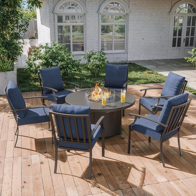 ALAULM 7-Piece Outdoor Dining Set for 6 Metal Outdoor Patio Furniture with 40000 BTU Round Fire Pit Table for Patio, Backyard, Garden-DarkBlue