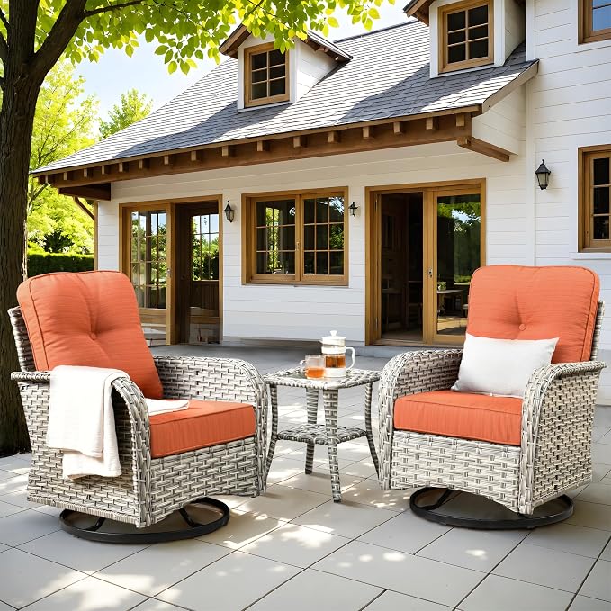 Swivel Patio Chairs Set of 2, Outdoor Wicker Rocker Glider Chair with Coffee Table, Modern Comfy Patio Furniture Sets for Porch Balcony Sunroom, Orange
