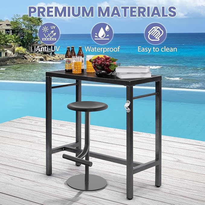 MURAGO 39*39*17 Outdoor Bar Table Extra Wide,Tall Bar Height Outdoor Pub Table, Ideal for Patio, Hot Tub, Dining, Balcony, Poolside, Weatherproof Composite Top, Rustproof, Built In Bottle Opener,Black