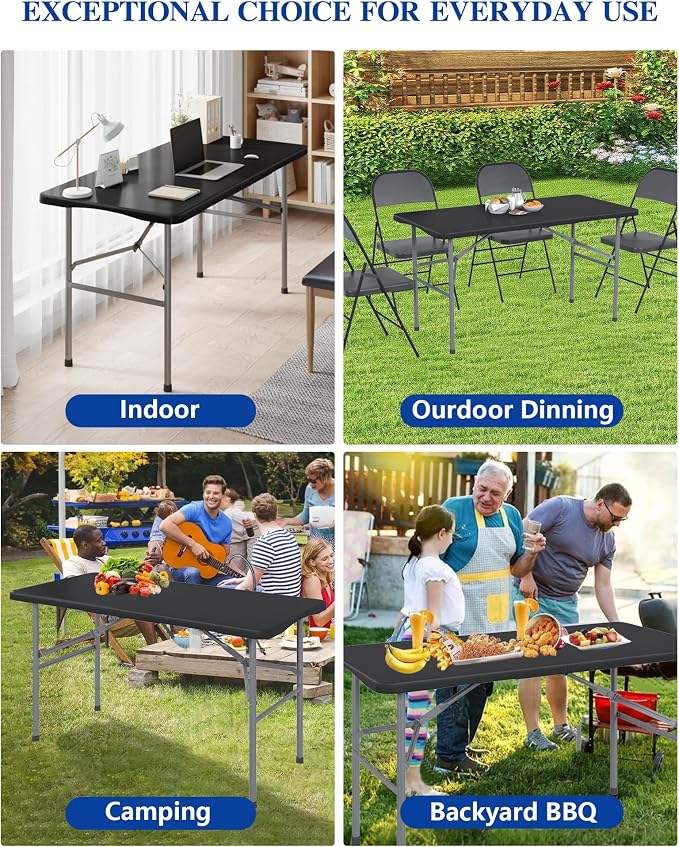 4FT Folding Tables – Heavy Duty Portable Foldable Picnic Table with Built-in Handle, 450 lb Capacity – Ideal for Events, Parties, Crafts, Camping & Dining (10-Pack, Black)