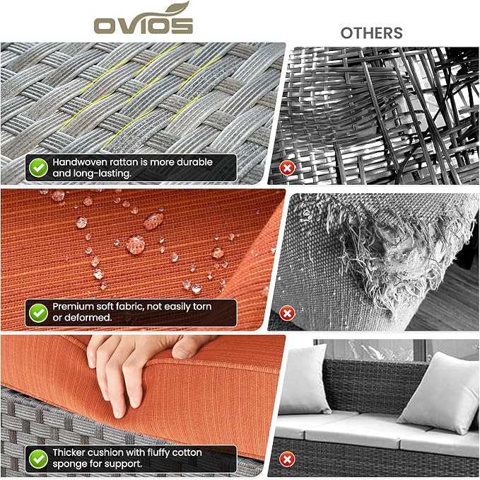 ovios 13 Pieces Patio Furniture Set, Outdoor Wicker Sectional Sofa with 42 Inch Fire Pit Table Comfy Cushions, Modern Modular Deep Seat Rattan Couch Conversation Set, Orange Red