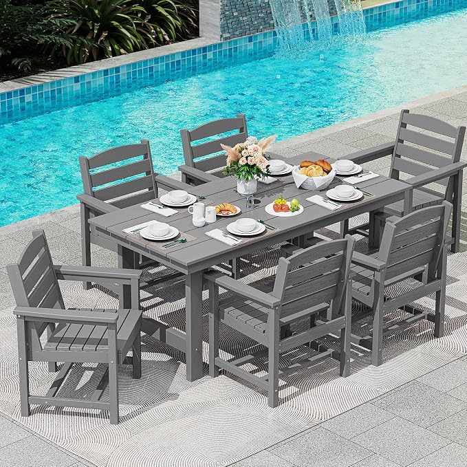 SERWALL 6 Pcs HDPE Dining Set, Includes 1 Table, 1 Bench & 4 Chairs, Gray | Outdoor Dining Set with Bench, All-Weather Resistant SERWALL Dining Set for patio