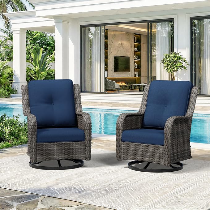 Swivel Rocker Patio Chairs Set of 2 - Outdoor Wicker Patio Furniture Set 2 Pieces with Thickened Olefin Cushions, High Back and Deep Seating, Hand-Woven PE Rattan for Porch, Deck, Blue