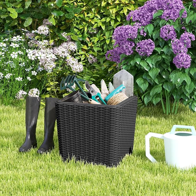 MEDIMALL Resin Wicker Patio Side Table with Lid, 11.5-Gallon Outdoor Deck Box with Concealed Storage Space, Small Square Coffee Table End Table for Porch, Garden, Poolside, Brown/Black (black)