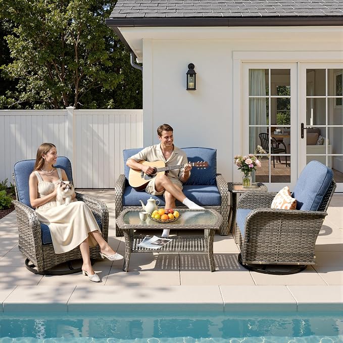 5-Piece Patio Furniture Set, Outdoor Wicker Furniture with Coffee Table, High Back Swivel Rocker Patio Chairs, Modern Rattan Outdoor Chairs Conversation Set for Porch, Balcony, Garden, Denim Blue