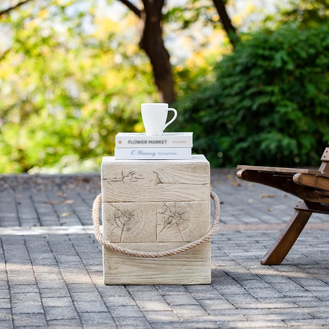 IRONORA Rustic Square Wood-Grain Outdoor Side Table with Rope Handle, Weathered Whitewashed Accent Table, Farmhouse Patio End Table for Backyard Garden