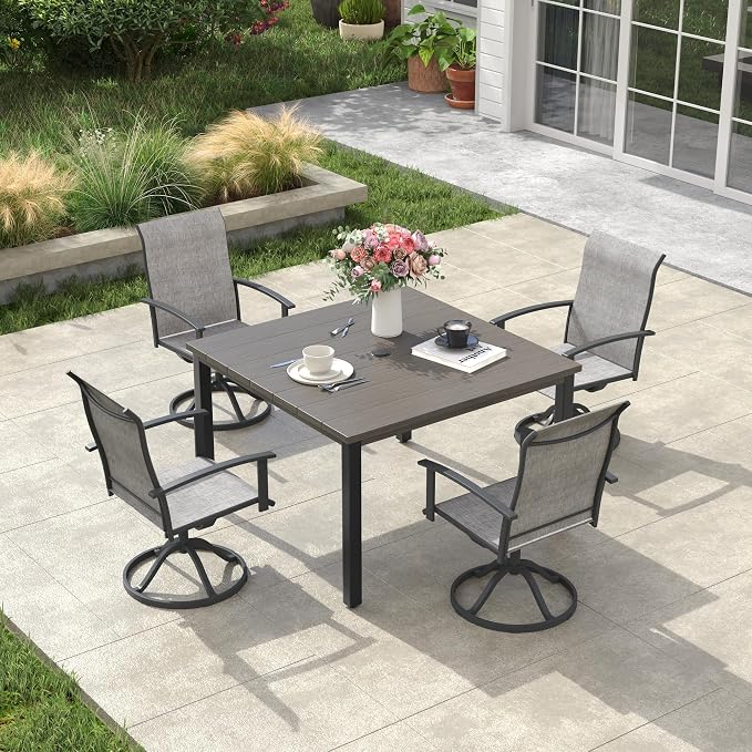 VICLLAX Square Patio Dining Table for 4, Outdoor Patio Table with Umbrella Hole for Garden Lawn Deck Backyard, Antique Grey Tabletop