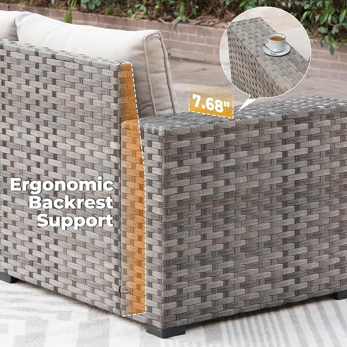 ovios 10 Pieces Patio Furniture Set, Outdoor Wicker Sectional Sofa with 42" Fire Pit Table Swivel Chairs, Modern Modular Deep Seat Rattan Couch Conversation Sets, Beige