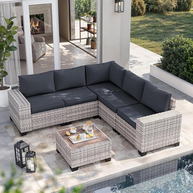 8-Piece Outdoor Patio Furniture Set Wicker Sectional Sofa Set with Ottomans, Patio Conversation Set with Thickened Cushions & Coffee Table for Garden, Backyard, Poolside, Dark Grey