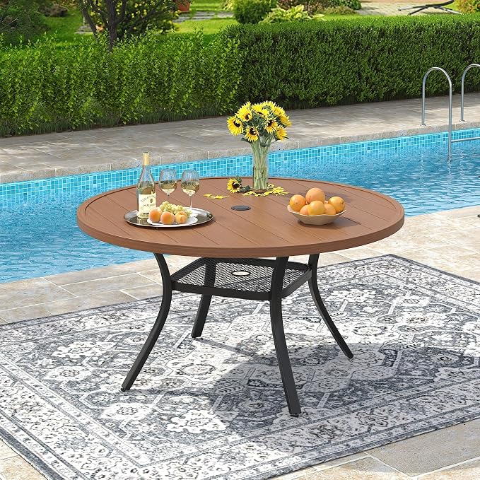 VICLLAX Round Patio Dining Table for 4-6, Outdoor Metal Dining Table with Umbrella Hole for Deck Lawn Garden Backyard, 47.2" Walnut