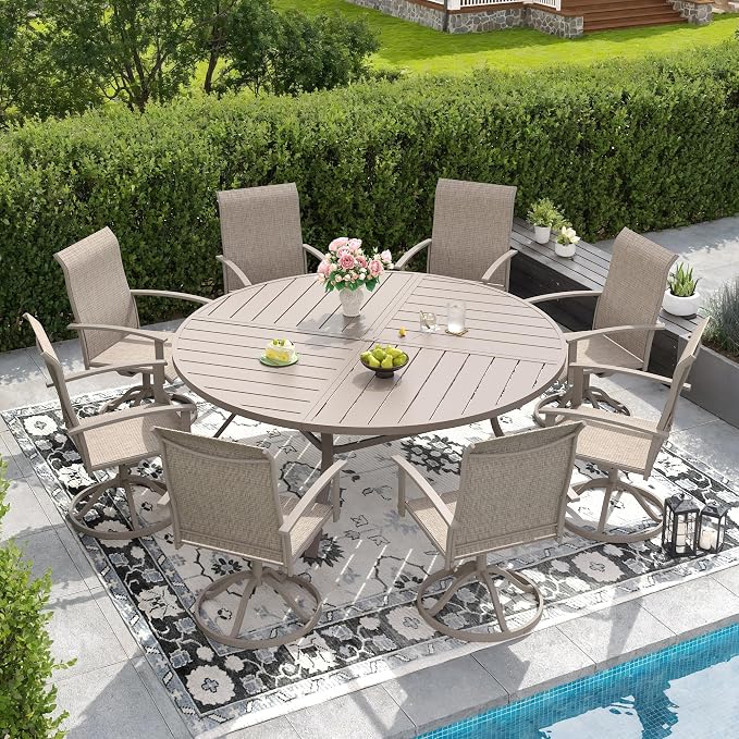 DIFY 63" Round Outdoor Patio Dining Table for 8-10, All-Weather Metal Steel Slatted Patio Table with 1.57" Adjustable Umbrella Hole for Garden, Backyard, Deck, Sandshell