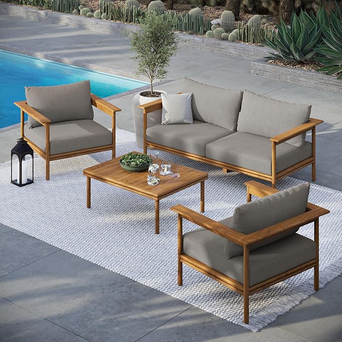 Modway Wren Teak Wood Outdoor Patio 4 Piece Furniture Set in Natural Driftwood