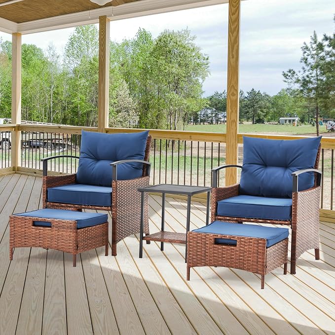 ECOTOUGE 5 Pieces Patio Furniture Set, Outdoor Wicker Chairs with Pull Out Ottoman & Metal Coffee Table, Rattan Conversation Set for Garden, Deck, Balcony, Poolside(Blue)