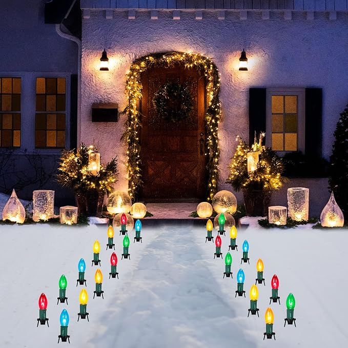 Joiedomi Christmas C9 Pathway Lights Outdoor Decorations 24 Packs, 30.75ft Xmas Multicolor Pathway Marker String Lights for Holiday Waterproof Outside Yard Garden, Party, Walkway Decor