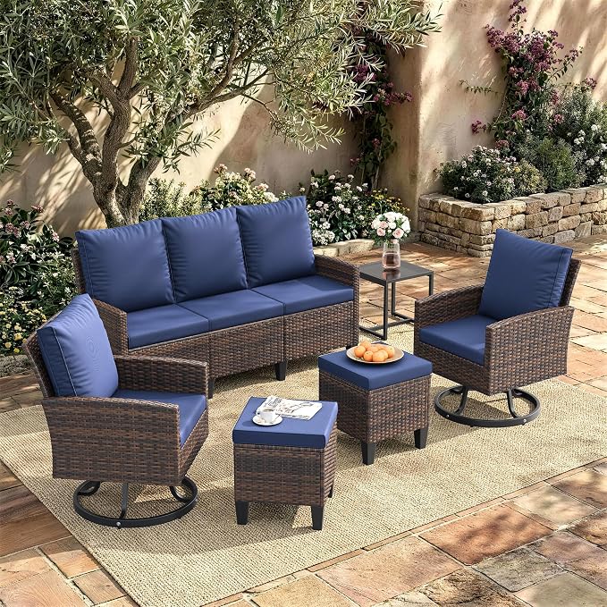 Amopatio Outdoor Patio Furniture Set, 6 Pieces Conversation Sofa with 360° Swivel Chairs, All Weather Wicker Outdoor Furniture for Backyard Garden Pool Deck,Blue