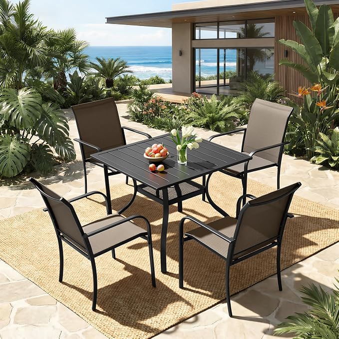 Crownland 5 Piece Patio Dining Set, Outdoor Textilene Dining Sets, 4 Textilene Metal Chairs and Square Outdoor Dining Table with 1.57" Umbrella Hole (Brown)