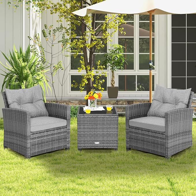 ORALNER Patio Furniture Set, 3 Pieces Outdoor Wicker Conversation Set, Rattan Chairs with Soft Cushions, Glass Coffee Table, Patio Bistro Set for Balcony Garden Deck Front Porch Poolside (Gray)