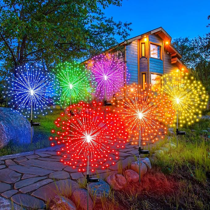 Tujoe 6 Pcs Solar Firework Stake Lights 180 LED 8 Modes Solar Waterproof LED Sparkler Lights Outdoor Decoration for Christmas in July, Summer Party Yard Garden Patio Pathway Walkway Lawn (Multicolor)