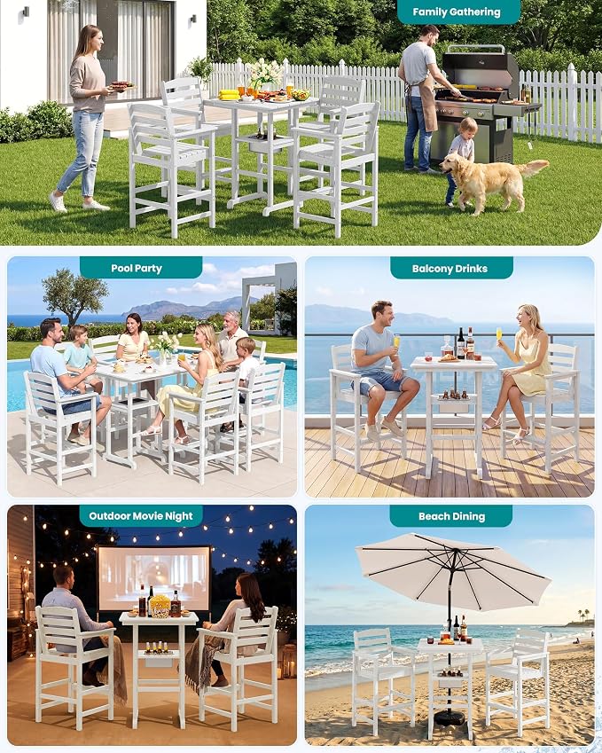 SERWALL Adirondack Bar Chairs and Table 5 Pieces Set, HDPE Bar Height Chairs Set of 2 and Bar Table with Ice Bucket, Outdoor Bar Stools Set for Balcony, Poolside, Backyard, White