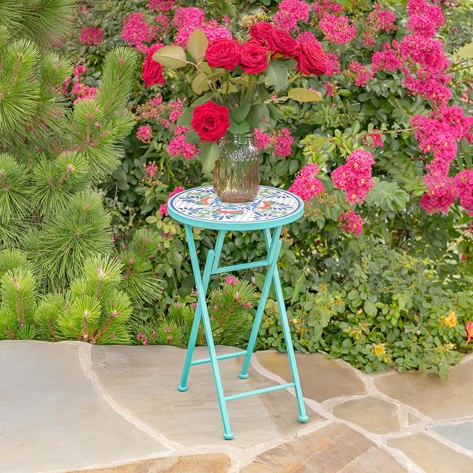 Zaer Ltd. Mosaic Tile Furniture with Teal Metal Frame and Patterned Tile Tops (Baton Rouge - Teal/Blue/Green, Folding Accent Table)